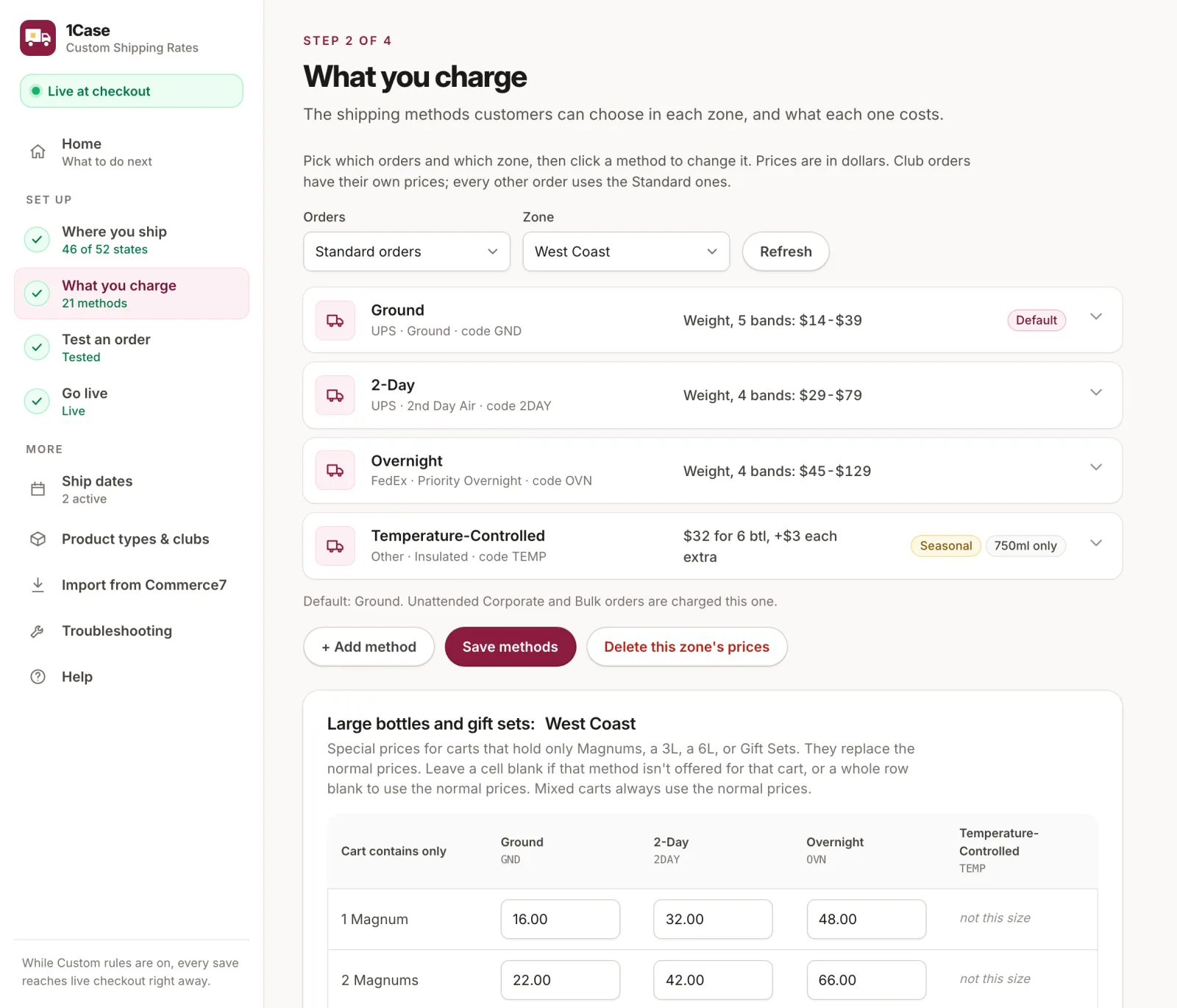 What you charge page: Ground, 2-Day, Overnight and a seasonal Temperature-Controlled method for the West Coast zone
